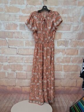 Max Studio Rust Floral Maxi Dress with Ruffle Sleeves